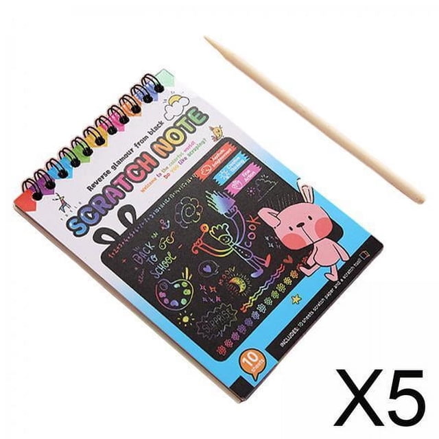 5 cuadernos de papel para rascar Macarena regalo creativo con bolígrafo juego de juguete para niños color azul, vista 3/4 frontal con espiral superior; portada azul con área negra para raspar que revela colores debajo, incluye bolígrafo para raspar de madera; apto para manualidades y dibujo infantil.