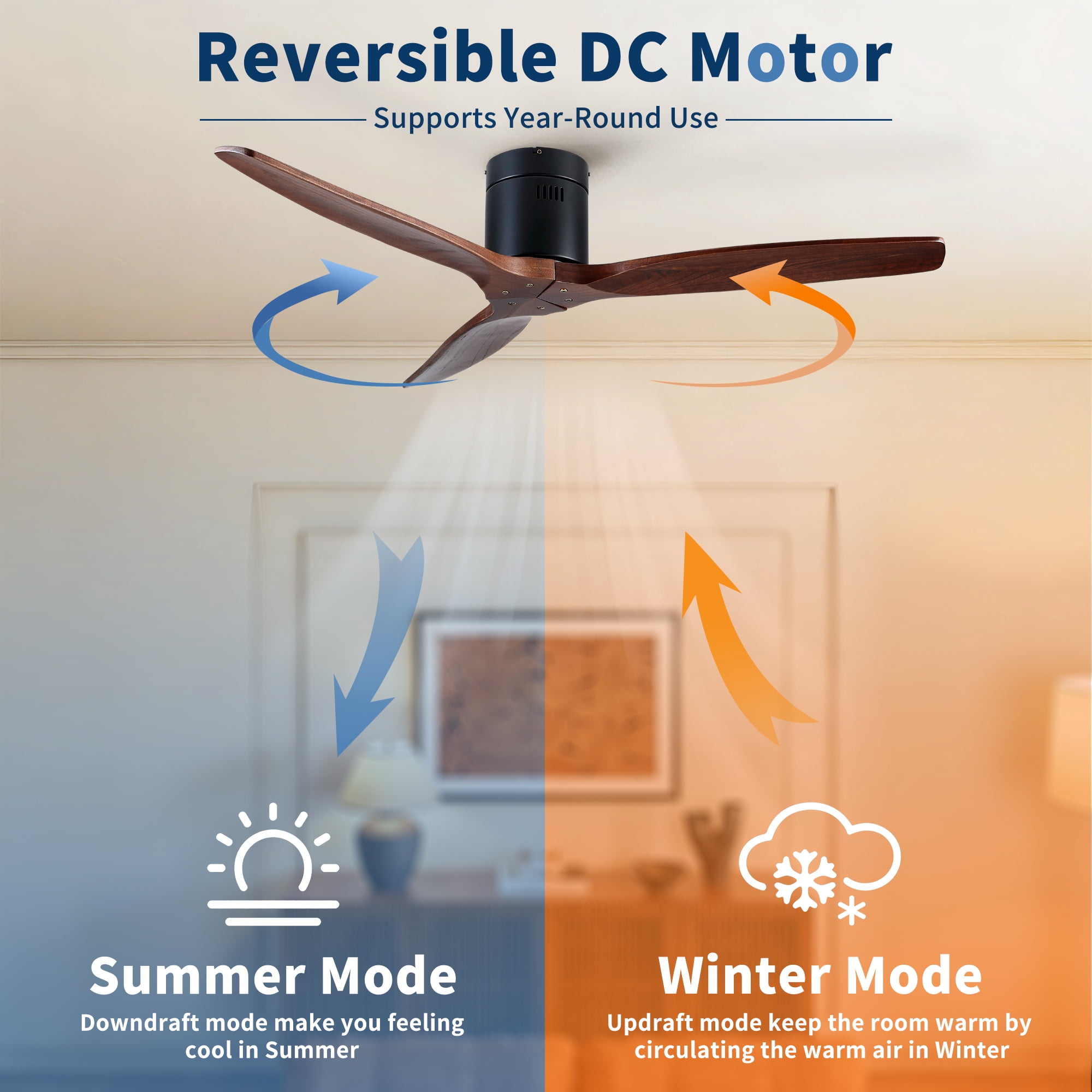 Leumius 52" Indoor Farmhouse Rustic Ceiling Fan Matte Black with 3 Solid Wood Blade Remote Control Reversible DC Motor for Living Room Bedroom