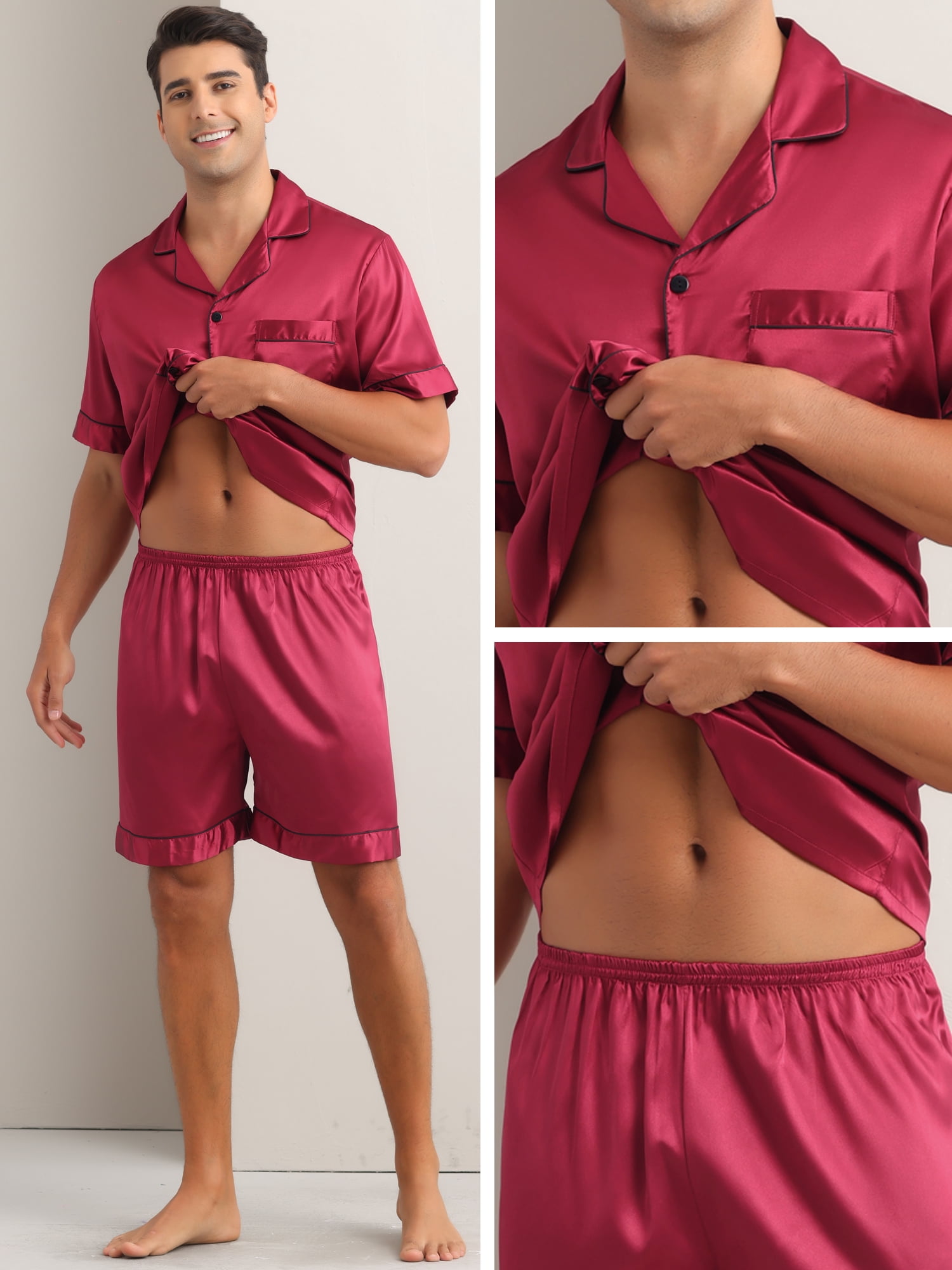 DARING DIVA Men's 2-Piece Satin Short Sleeve Nightwear Shorts Pajamas Set 2XL Red