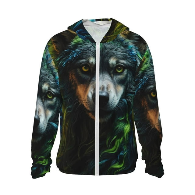 Cauagu Realistic Style Colorful Wolf A for Sun Protection Hoodie for Men and Women, Long Sleeve Rash Guard Fishing Running Quick Dry Lightweigh-Medium
