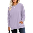 thumbnail image 6 of Women's Casual Fashion Solid Color Round Neck Long Sleeve Lightweight Pullover Sweatshirt with Side Pockets for Warm Comfort and Everyday Wear,Light Purple,M, 6 of 7