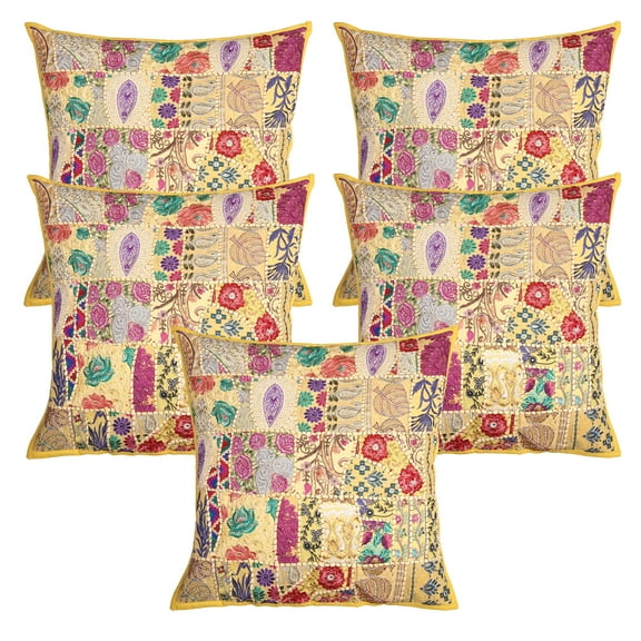 Stylo Culture Indian Couch Throw Pillow Covers 24 x 24 Big Vintage Patchwork Floral Yellow Bohemian 60cm x 60cm Home Decor Cotton Abstract Square Cushion Covers | Set Of 5