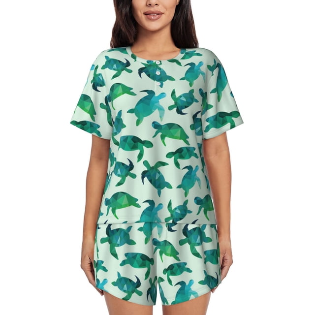 Xecao Green Sea Turtle Pattern Women's Short Sleeve Pajama Set Soft Sleepwear Lounge Set with Button Front Top and Drawstring Shorts with Pockets-Large