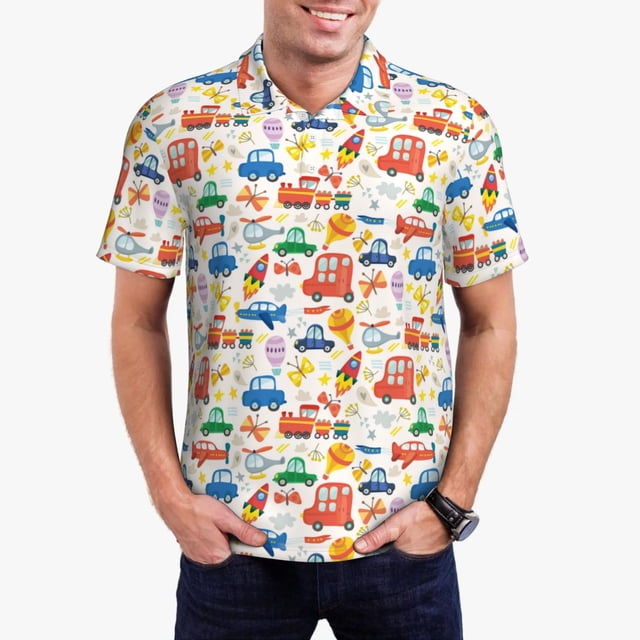 Fotbe Cartoon Transportation Camiseta Polo de Golf para Hombre con Estampado – Camisa Deportiva Transpirable con Cuello Abotonado-Small