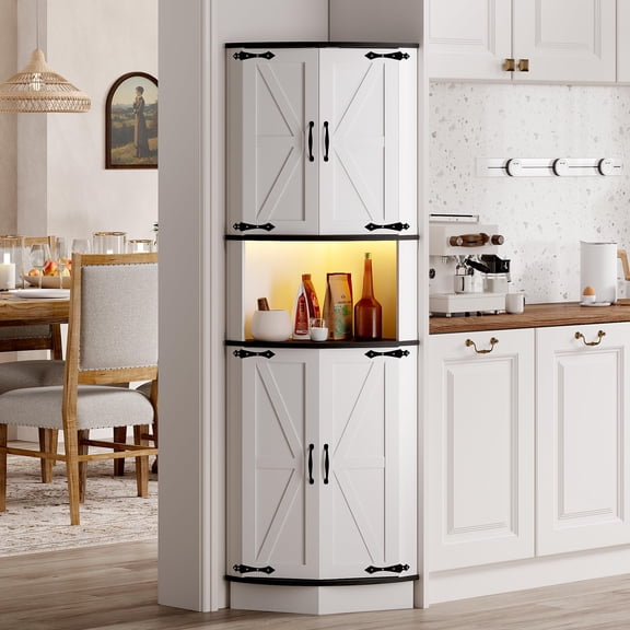 65" Farmhouse Corner Cabinet with LED Light, Freestanding Display Storage Cabinet, 5 Tier Shelves and USB Ports & Outlets, Space Organizer for Living Room, Bar, Kitchen, Bathroom, White B