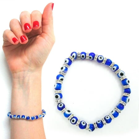 Glass Bead Stretch Bracelet - Evil Eye Glass Beads Bracelet Stretch Hamsa Lampwork 6mm Good Luck Kabbalah Blue