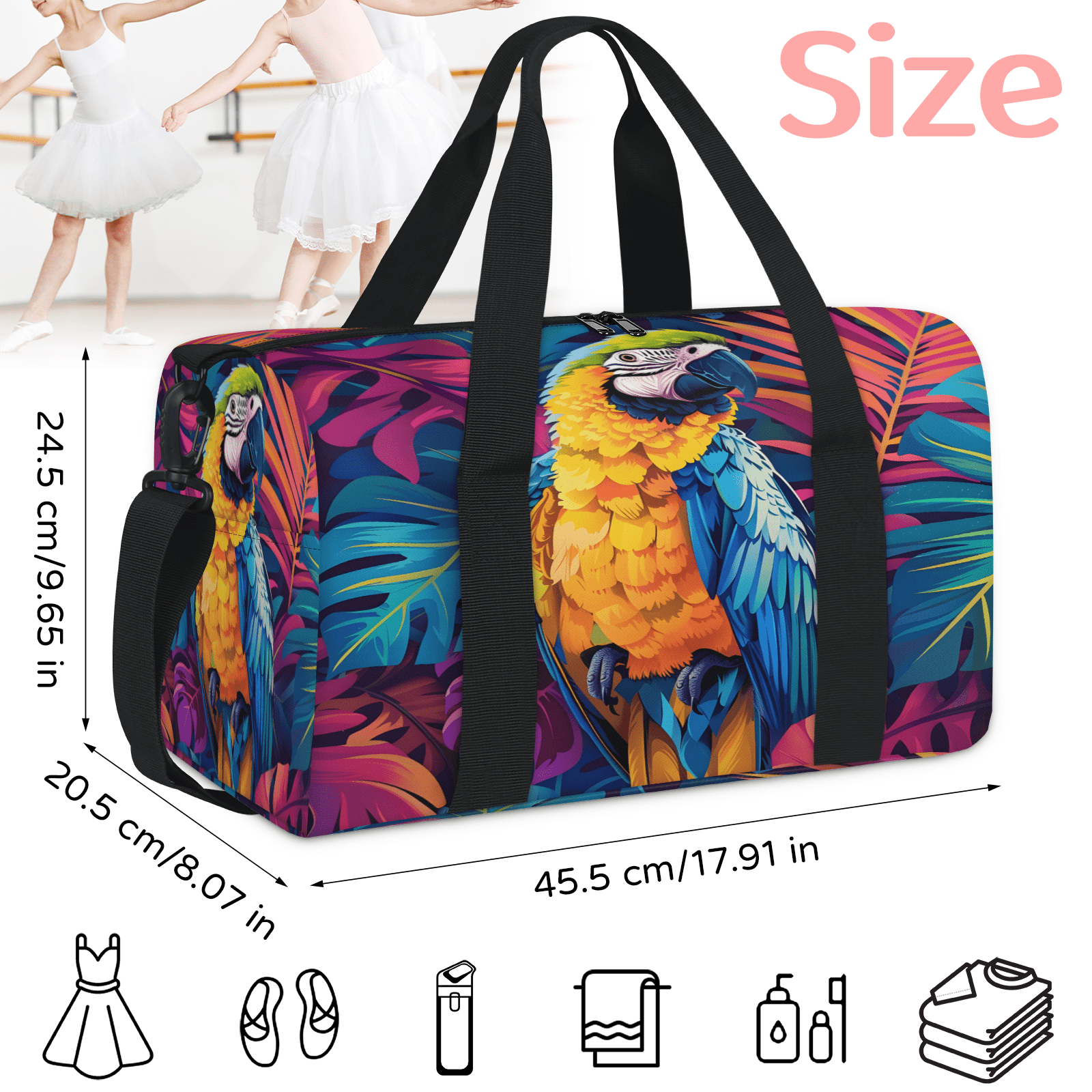 Herdesigns Parrot Travel Duffle Bag Sports Yoga Weekender Overnight Carry on Workout Bags Lightweight Waterproof Gym Tote Bag for Women Tropical Palm Leaves