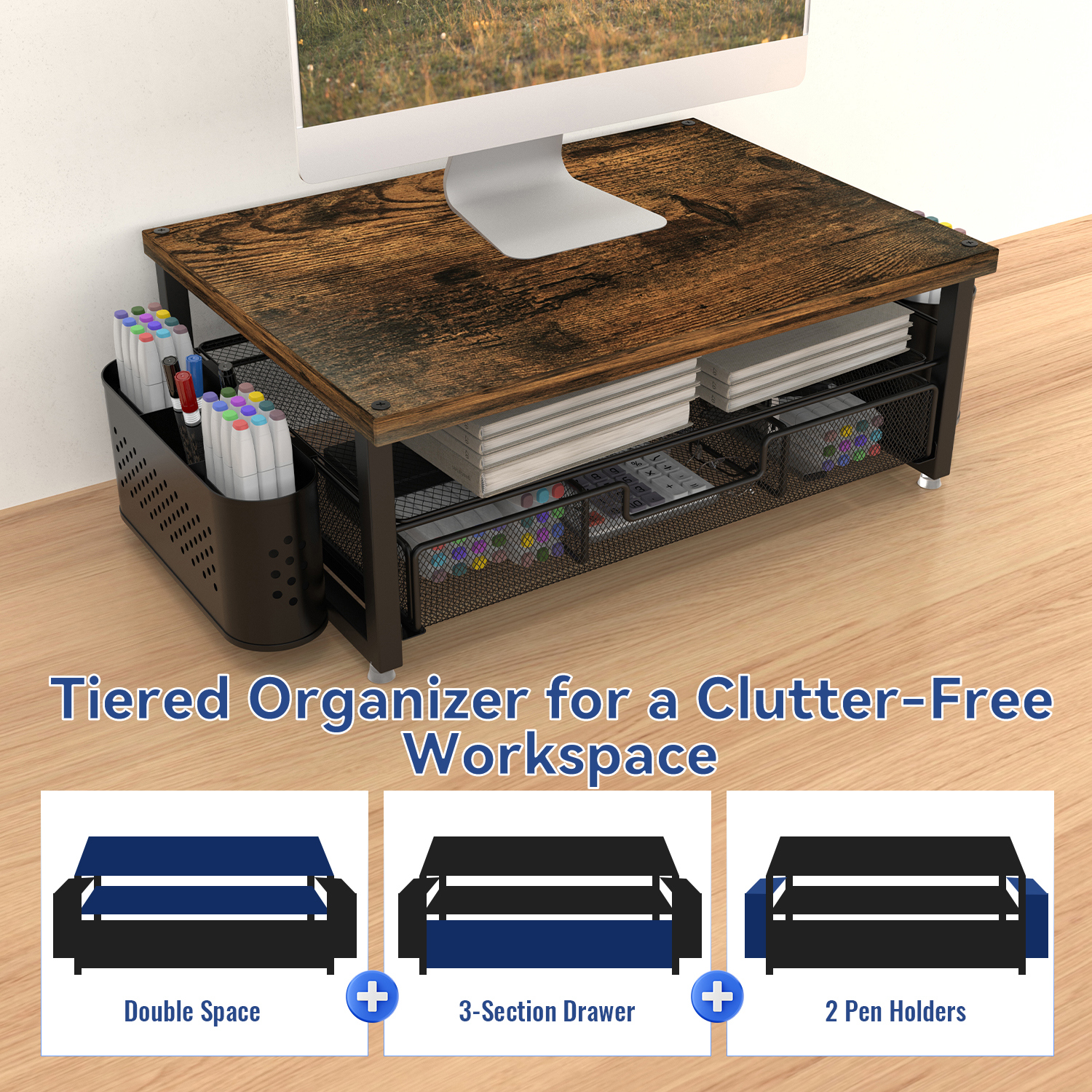 MEHOOM 3-Tier Wooden Monitor Stand Riser with Drawer and Pen Holders, Desk Organizer and Accessories for Laptop, Office, Dorm Desktop Setup, Classroom Desk Accessories & Workspace Organizers