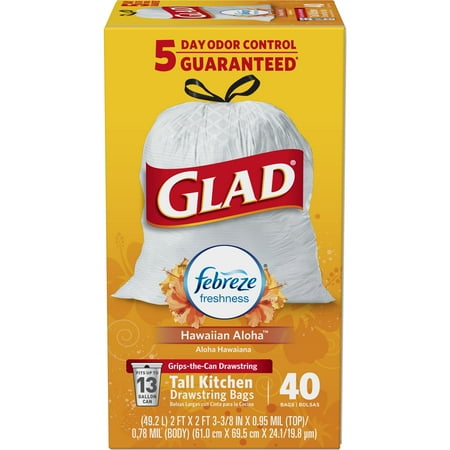Glad OdorShield Tall Kitchen Drawstring Trash Bags - Febreze Hawaiian Aloha - 13 Gallon - 40 ct