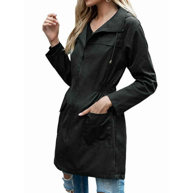 Chaqueta Impermeable Ligera para Mujer, con Capucha, Mangas Largas y Cremallera, para Actividades Al Aire Libre Negro M