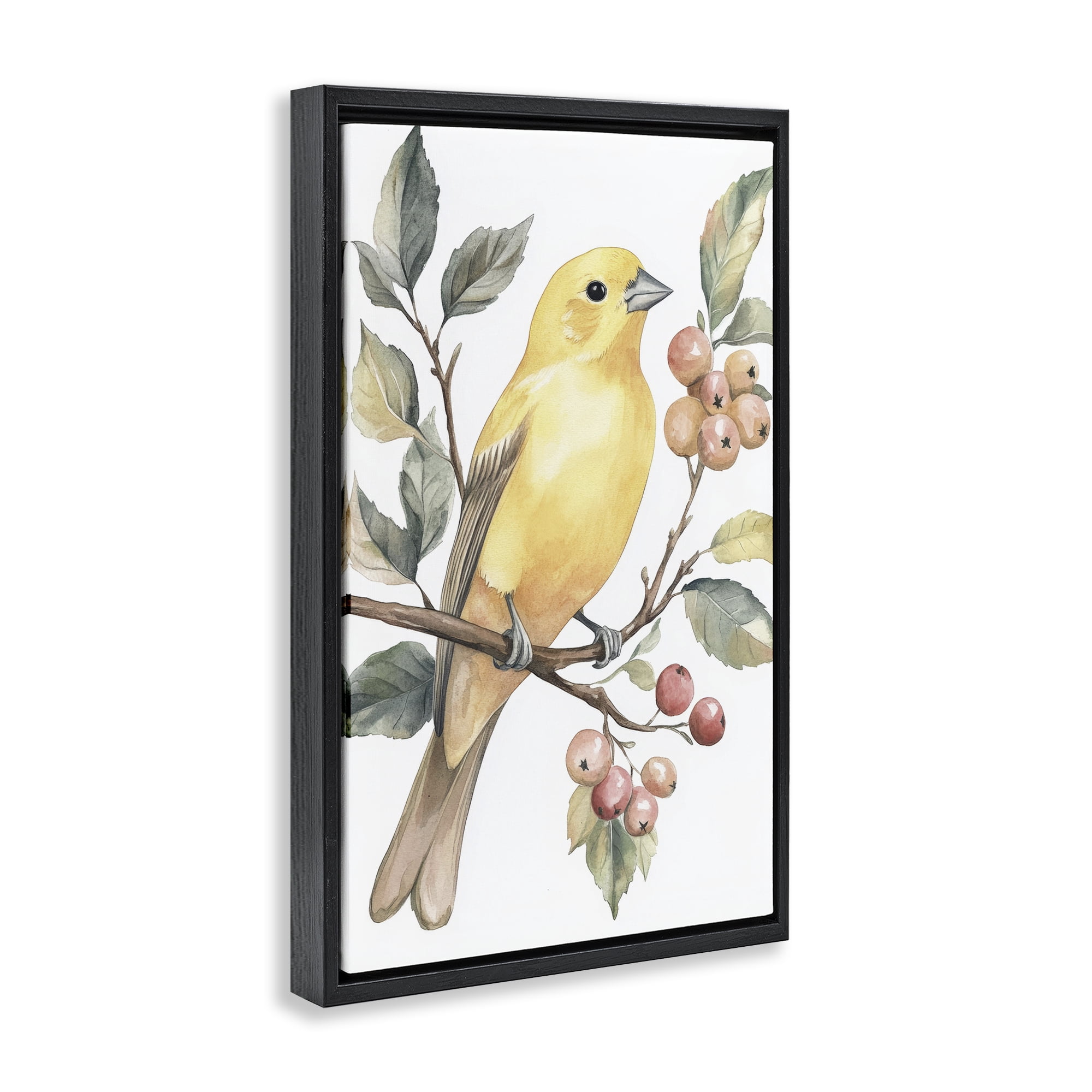 Stupell Industries Sun Lit Bird on Branch Black Framed Floater Canvas Wall Art, design by Petal Prints Design