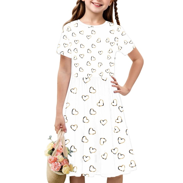 Offres du Jour Liquidation Iumwxz Tunique Robe Plissée Robe Ample Ligne A Robe Col Rond Imprimé Cœur Manches Courtes Robes pour Enfants Robe Confortable pour Cocktail 4-14 Ans