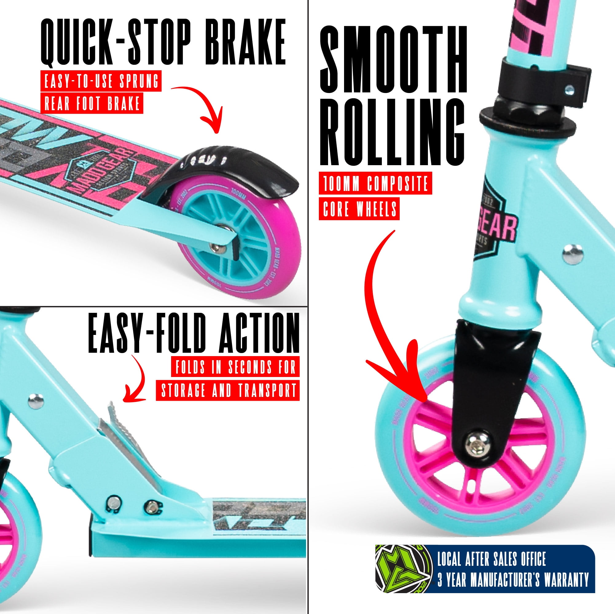 Folding Kick Scooter for Kids Ages 5–10 – Carve 100 – Lightweight Steel Frame, Adjustable Handlebar, Smooth 100 mm Wheels – Teal – Madd Gear, 3 Years & Up Folding Scooter