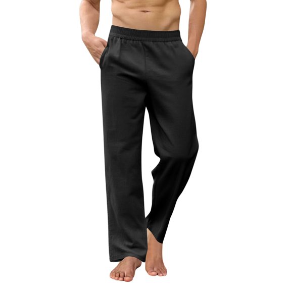 Inglocry Men's Casual Linen Cotton Pants Elastic Waist Summer Beach Trousers Lightweight Yoga Vacation Pants with Pockets Black 3XL