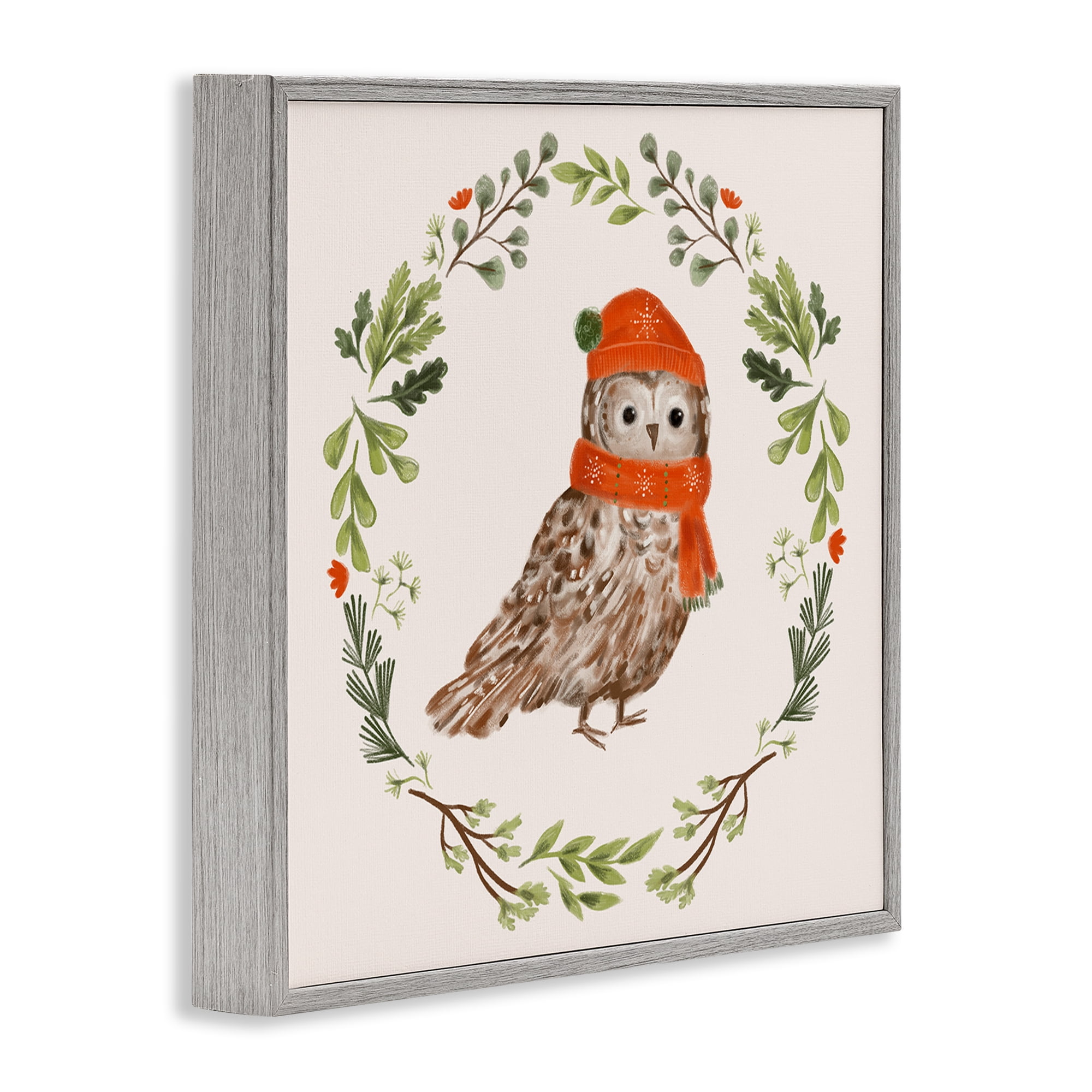 Stupell Industries Holiday Owl Wreaf Holiday Painting Gray Framed Art Prints Wall Art, 24 x 24
