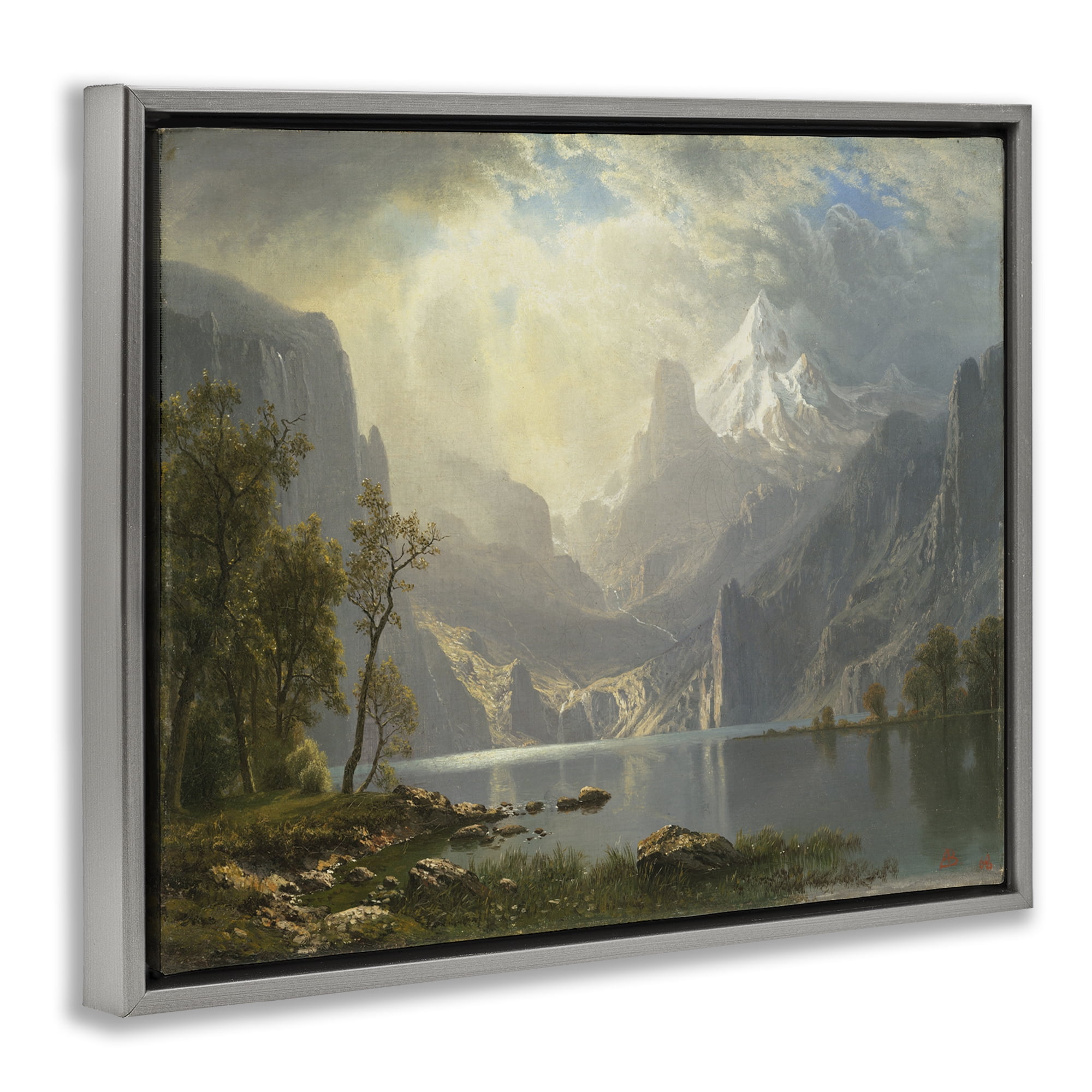 Stupell Industries Classic Bierstadt View on Mountain Landscape & Nature Painting Gray Floater Framed Canvas Art Print Wall Art, 21 x 17