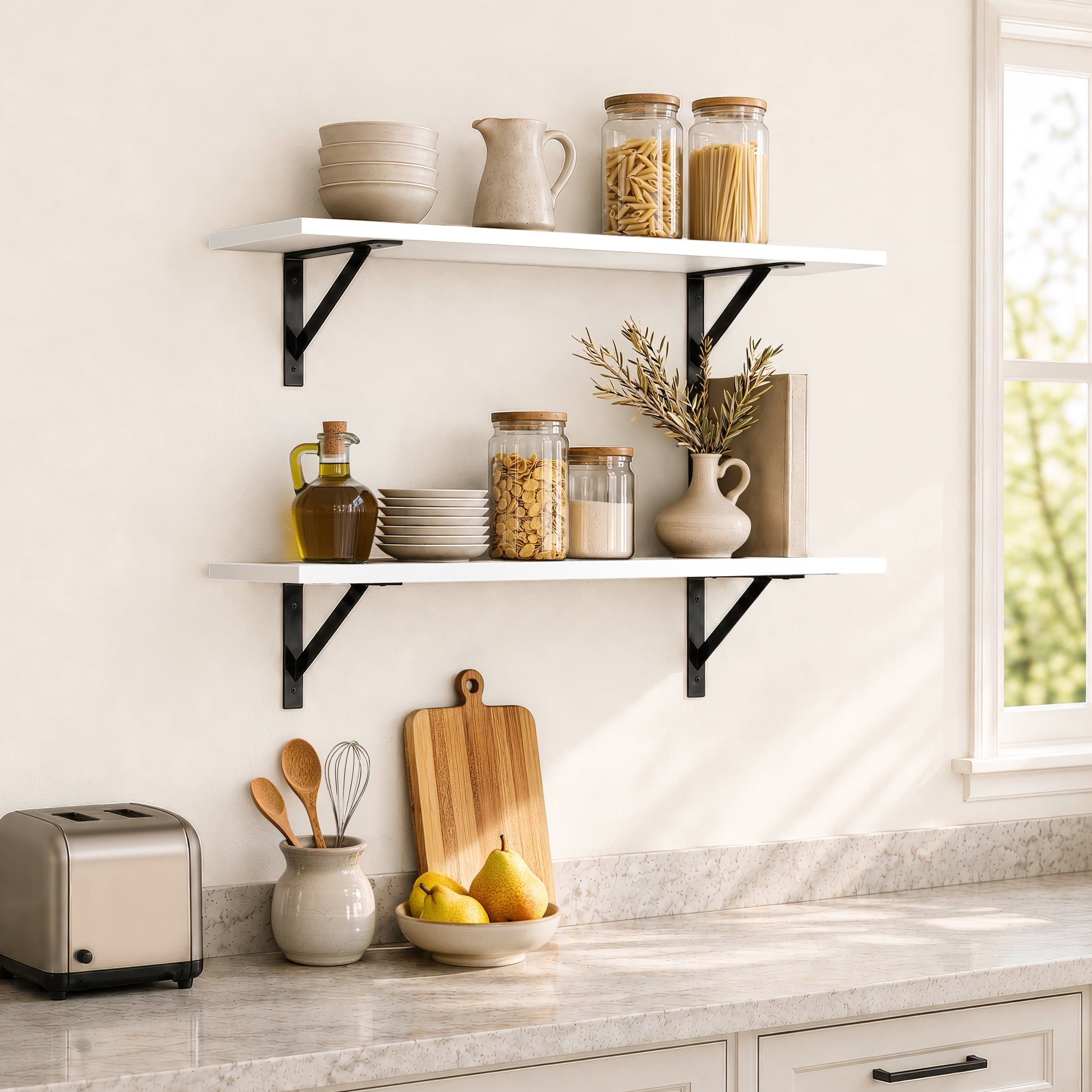 Sorbus 31.5 in Wood Wall Shelves with Black Metal Brackets, White, 2-Piece Set