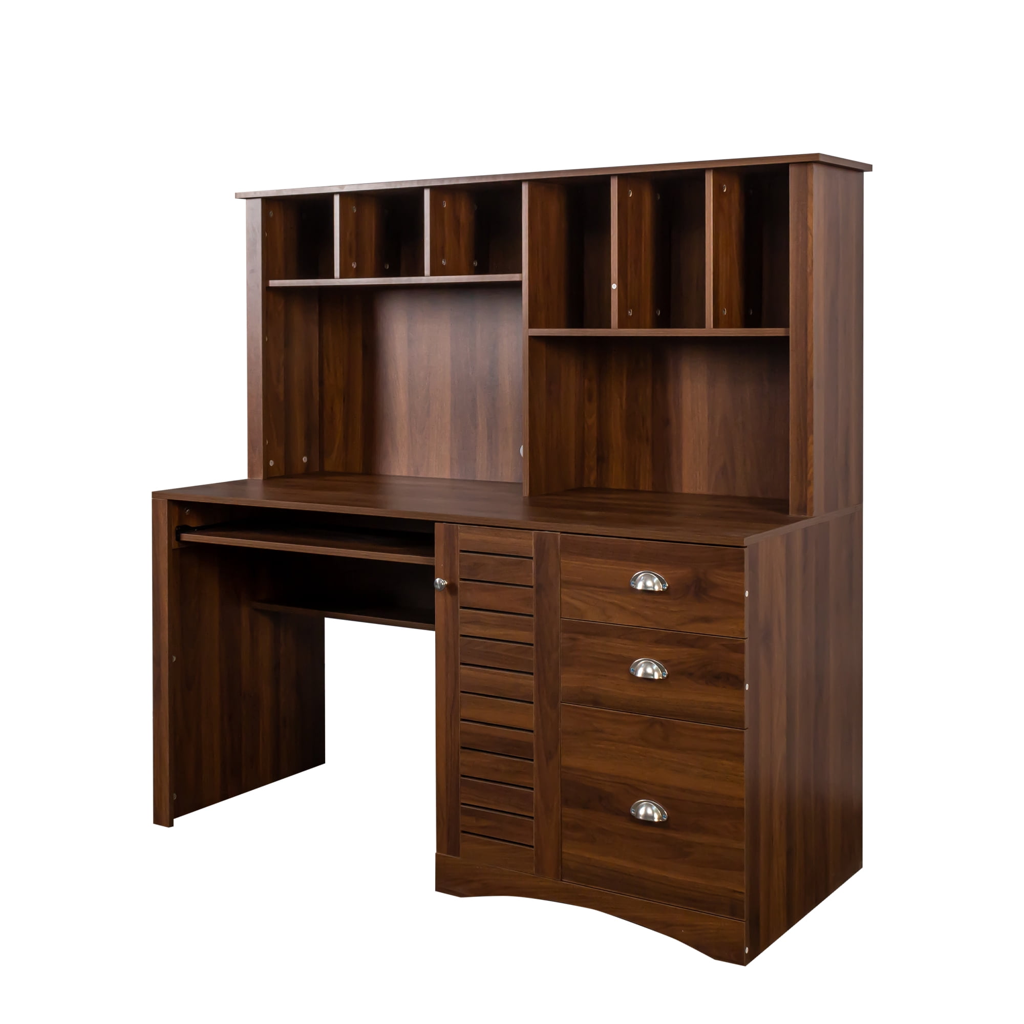 GAKMCIL 59.06"(L) Computer Desk with 2-tier open Hutch, 3 large drawer & Keyboard Tray, Home Office Desk, Executive Desk, Large Writing Desk, Space-Saving Design for Study or Bedroom Workspace,Walnut
