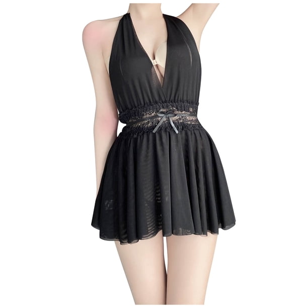 Lencería sexy para mujer Encaje Cuello en V profundo Halter Malla Tentación Babydoll Ropa interior Ropa de dormir Camisón Fridja nalpqowj41724