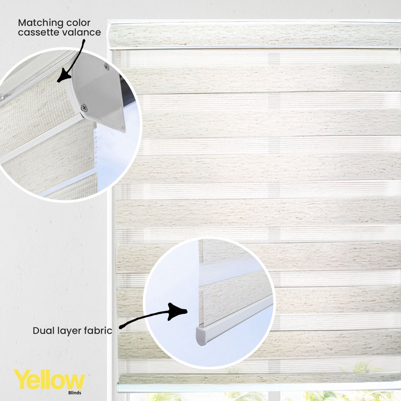YELLOW BLINDS Natural White Cordless Zebra Roller Shades for Windows, Dual Layer Light Filtering & Room Darkening, 27"W X 72"H, Modern Window Blinds with Cassette Valance, Safe for Kids & Pets