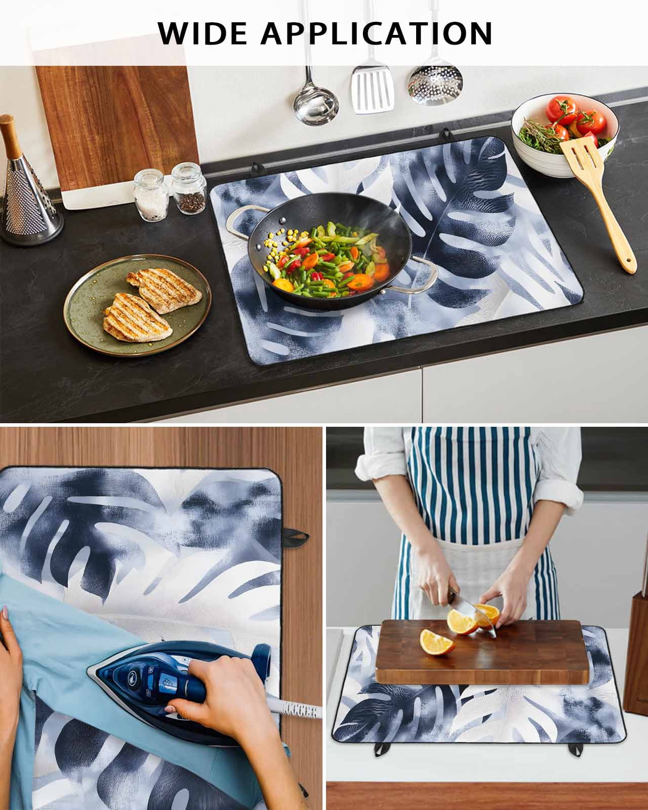 nqOlkjepod Large Induction Cooktop Protector Mat 36"x21", Navy Blue Palm Leaves Stove Top Covers for Electric Stove, Tropical Botanical Vintage Stove Burner Cover Mats, Glass Top Stove Cover