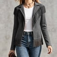 thumbnail image 2 of IFNWSV Womens Bomber Jacket Pointed Collar Button Open Long Sleeve Solid Fringe Trim Frayed Hem Jacket, 2 of 5