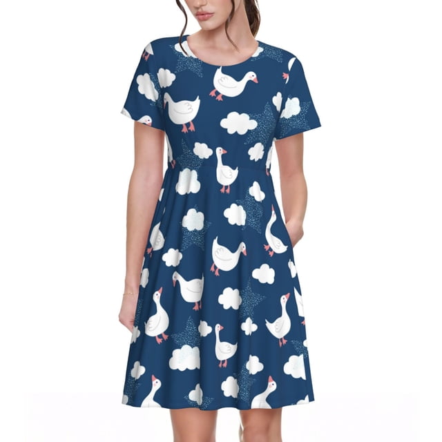 Balery Cute Goose On Blue Sky Vestidos sueltos de manga corta para mujer, vestidos de verano 2025, vestidos casuales de corte A con vuelo.