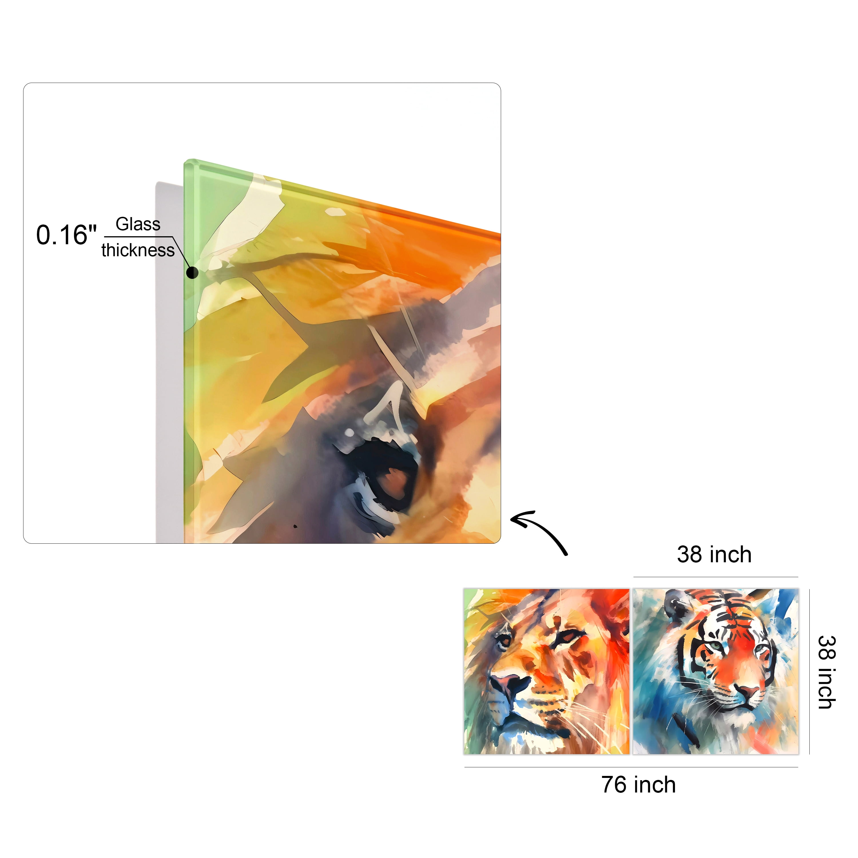"Regal Strength I & II" Lion&Tiger Frameless Free Floating Reverse Printed Tempered Glass Wall Art