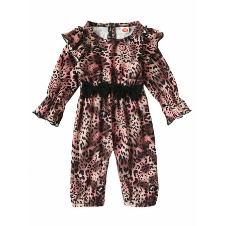 

Vera Natura Baby Girl Romper Long Sleeve Round Neck Leopard Print Casual Fall Spring Long Ruffle Jumpsuit