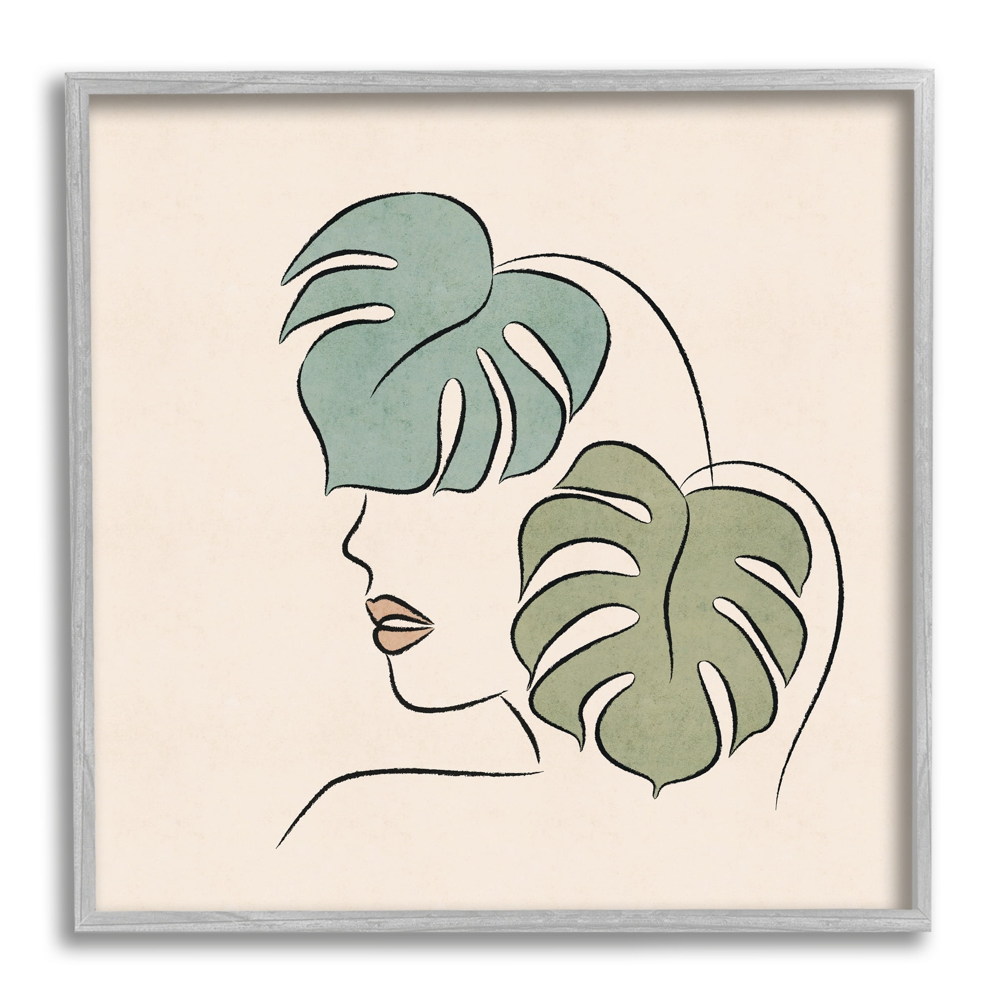 Stupell Industries Abstract Woman Face Monstera Plant Leaf Doodle Graphic Art Gray Framed Art Print Wall Art, Design by JJ Design House LLC