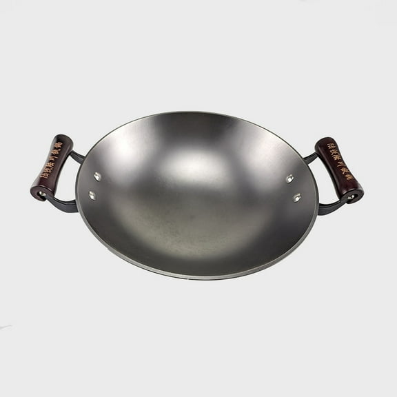 Lu Chuan Cast Iron Wok - Traditional Double Ear Round Bottom Chinese Fry Pan, Coating-Free Stir Fry Wok for Gas Stove, Home Kitchen Cooking