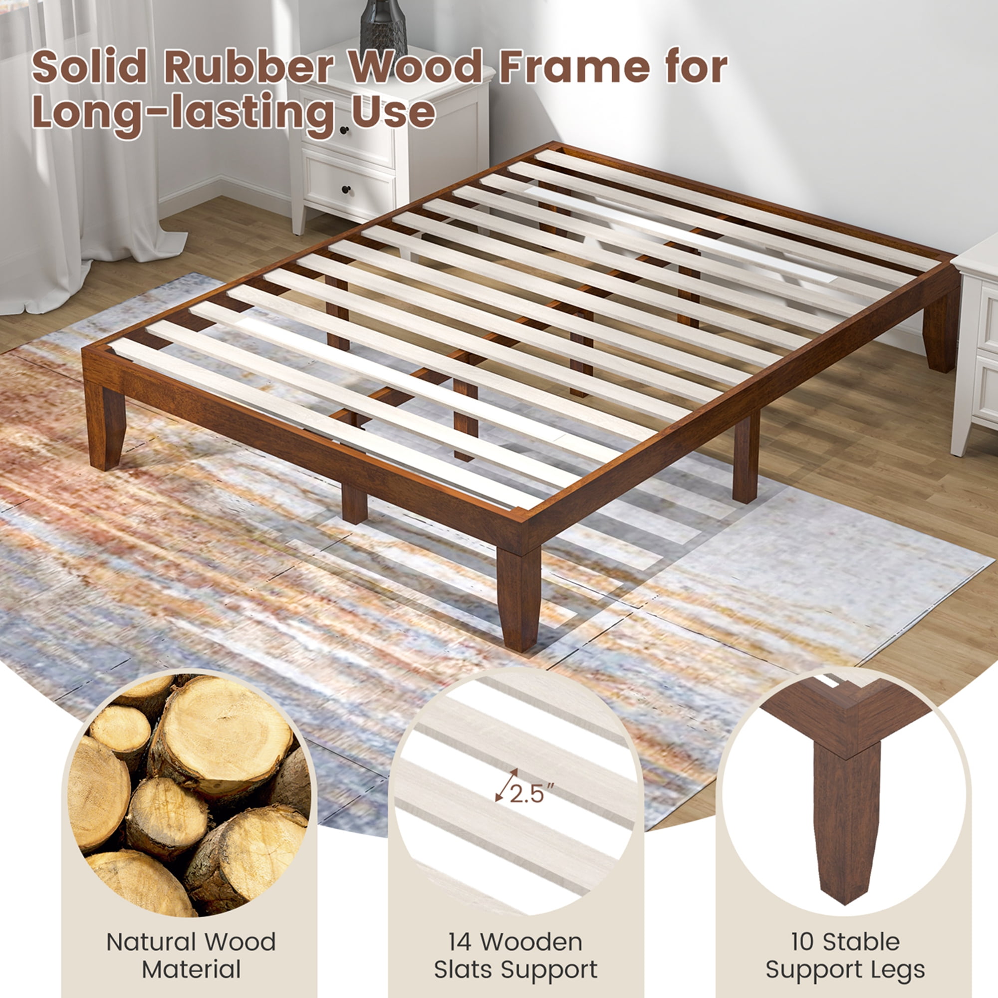Costway Adult Queen Modern Rubber Wood Platform Bed, Brown Cherry