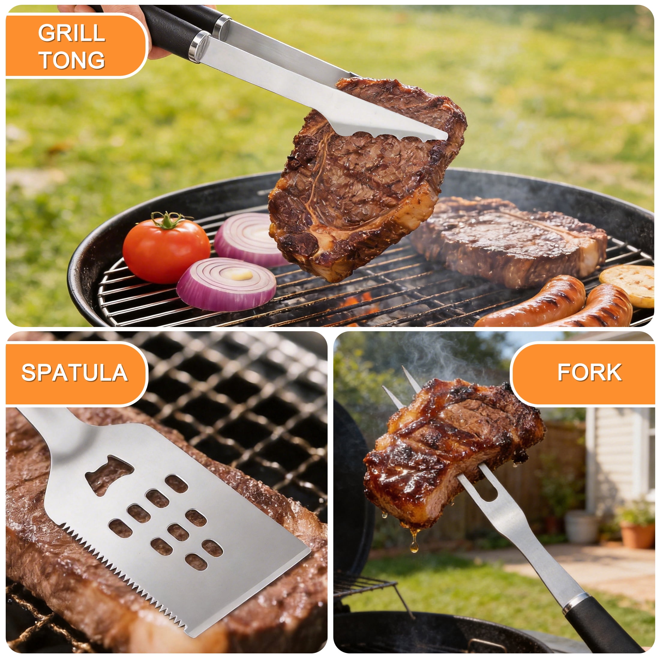 GARITIN 10-Piece BBQ Grill Accessories Set, Stainless Steel Grilling Tools and Utensils, Outdoor Grill Kit with Carry Case for Backyard, Camping and Grilling