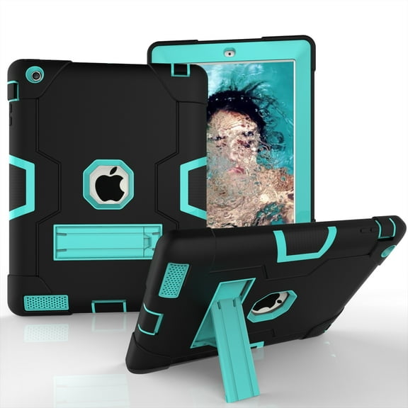 iPad 2 Case,iPad 3 Case,iPad 4 Case, Allytech Three Layer Shockproof Armor Defender Protective Case Cover with Kickstand for iPad 2nd Gen / iPad 3rd Gen / iPad 4th Generation (Black/Aqua)