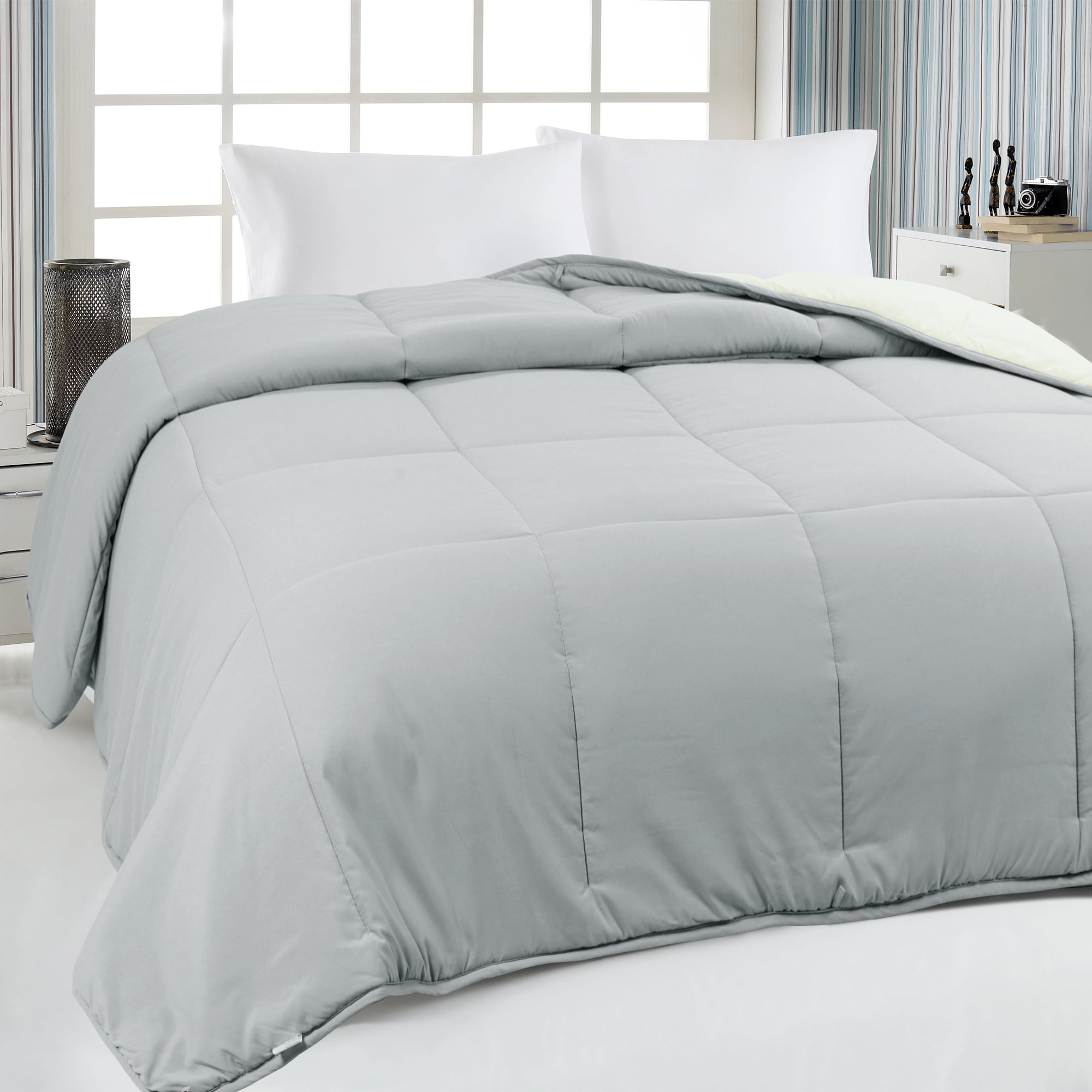 Unique Bargains Quilt Lightweight Down Comforter Light Gray/White King