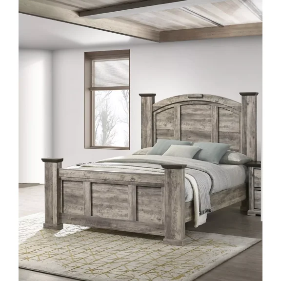Rustic Gray Poster 1pc Queen Size Panel Bed Wooden Bedroom Furniture