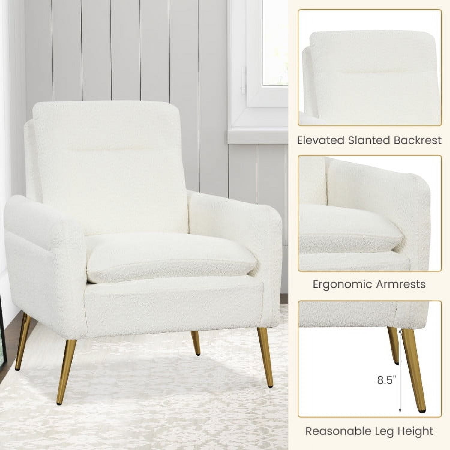 Demi Bonn Upholstered Accent Armchair, Sherpa Accent Chair, Upholstered Sherpa Modern Accent Armchair, for Living Room, Bedroom, Reception Room, White