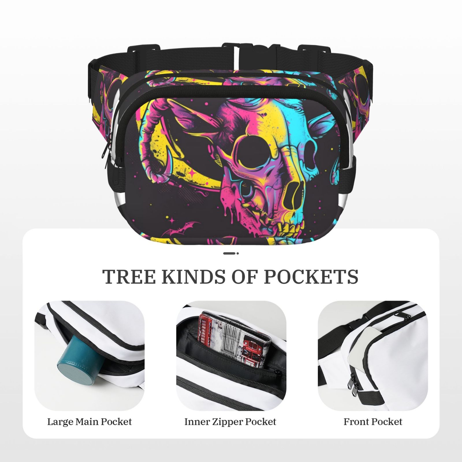 Kuqiui Neon Gothic Skull Moon Print Fanny Packs for Women Cross Body Waist Bag Fashionable Fanny Pack Designer Workout Hiking Waist Pack Running Travel Gym