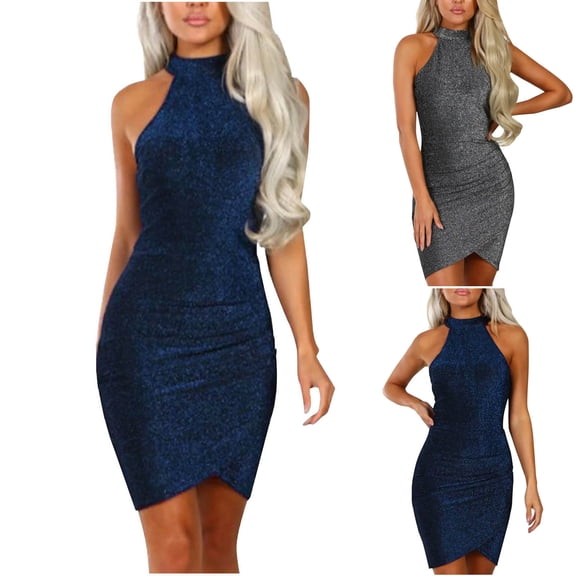 ZQUUVOU Women's Glitter Halter Gown Off Shoulder Sleeveless Bodycon Stretchy Formal Dress for Wedding Party Night Out Blue