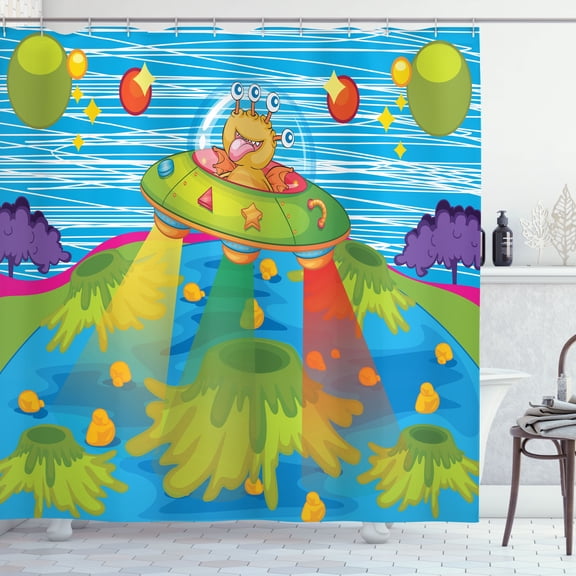 Ambesonne Alien Shower Curtain, Spaceships, 69"Wx84"L, Green Blue