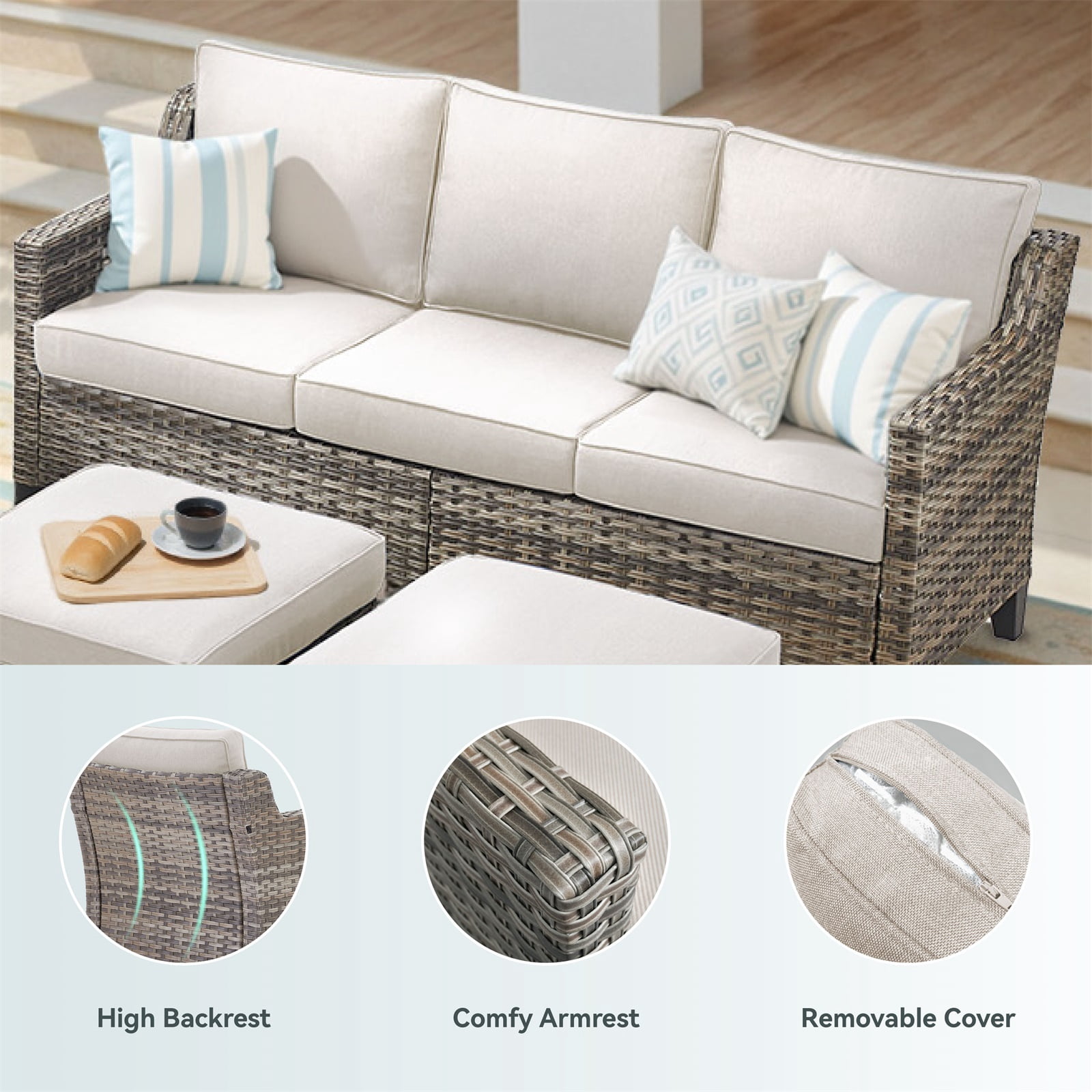 Hommoo 73.2" Outdoor Patio Sofa Couch, 3-Seat Gray Rattan Couch with Cushions Ideal for Balcony or Porch, Beige
