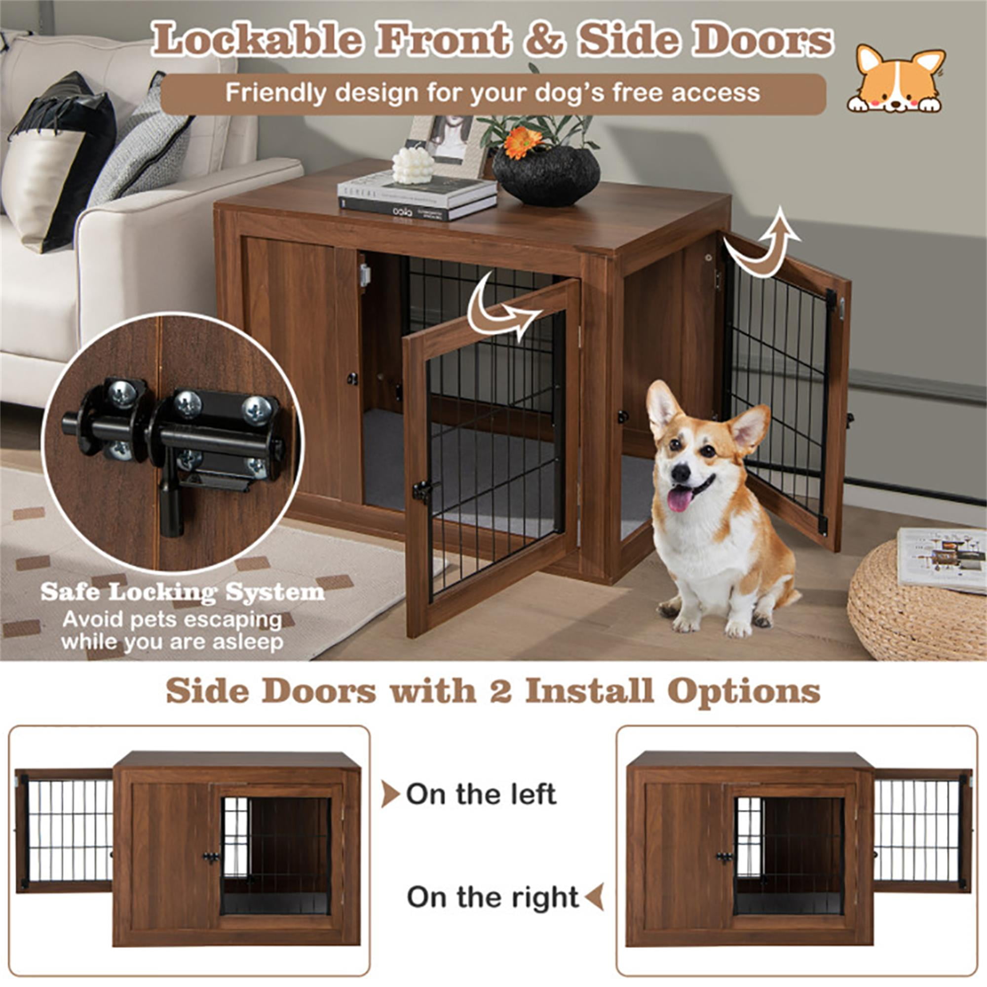 Kadyn 36" Wood Dog Crate Furniture with Door Lock and Cushion, Indoor Decorative Double Doors Dog Cage for Small Dogs, Brown
