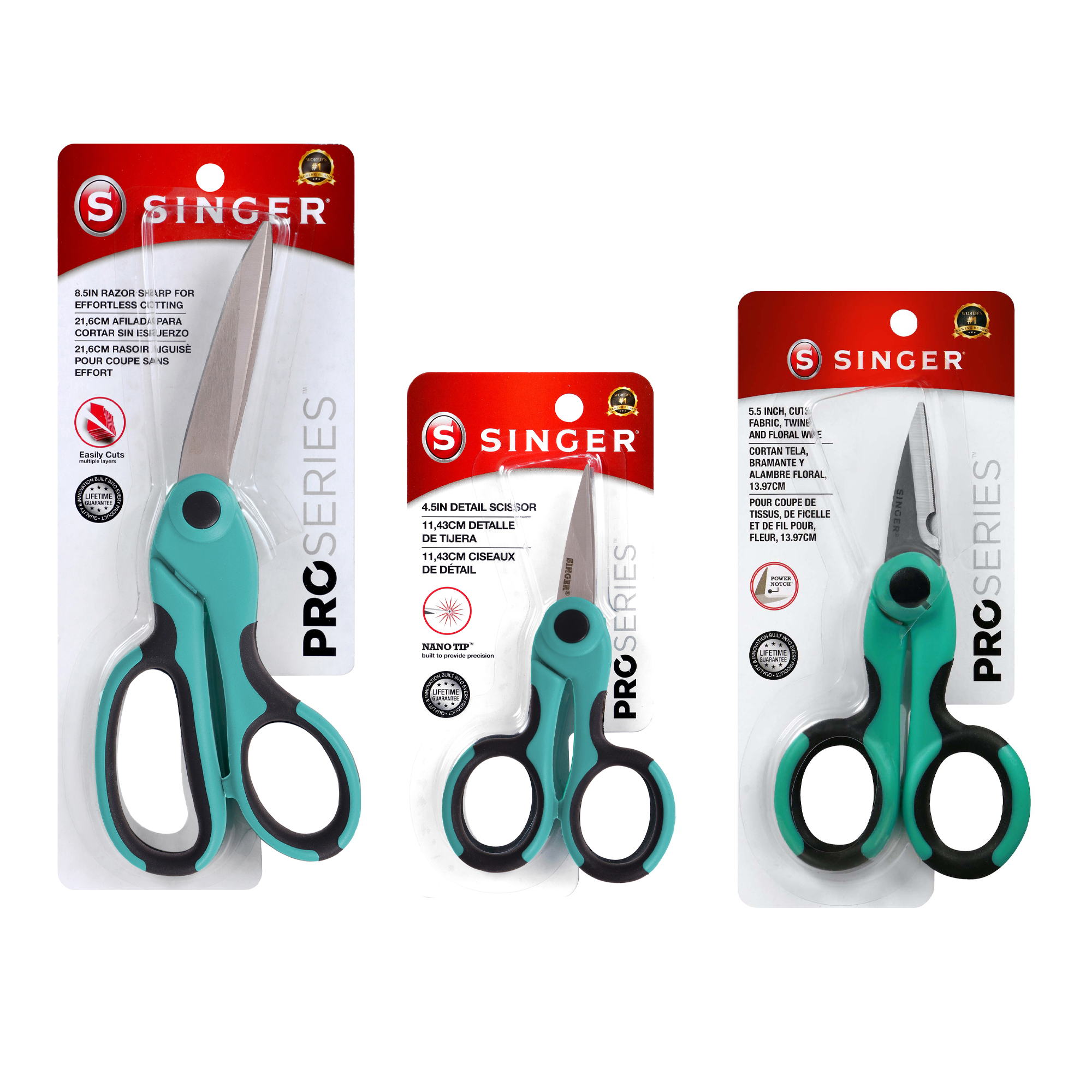 SINGER ProSeries Scissor Set, Heavy Duty Bent 8 1/2" Fabric Scissors, All Purpose 5 1/2" Craft Scissors, 4 1/2" Detail Scissors, Teal, Pack of 3 - image 3 of 19