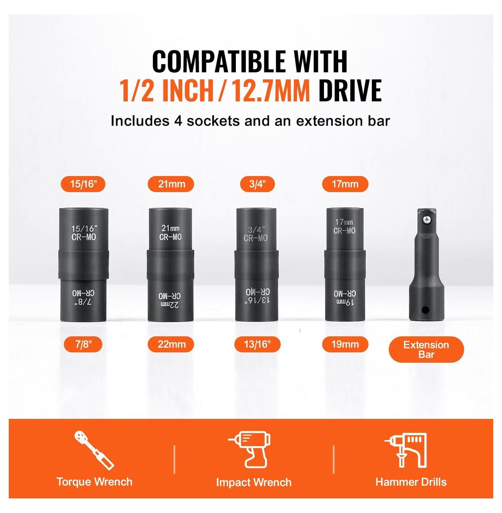 1/2" Drive Lug Nut Socket Set - 6 Point Metric/SAE - 4pc Impact Socket Set w/ Case & Extension - Auto Repair Tool for Cars, Trucks & SUVs