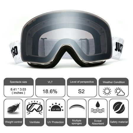 JUST GO Ski Goggles for Skiing Motorcycling and Snow Sports Dual-Layer Anti-Fog 100% UV Protection lens Snowboard Goggles fit Men, Women and Youth, White Frame/ Gray Lens (VLT 18.6%)