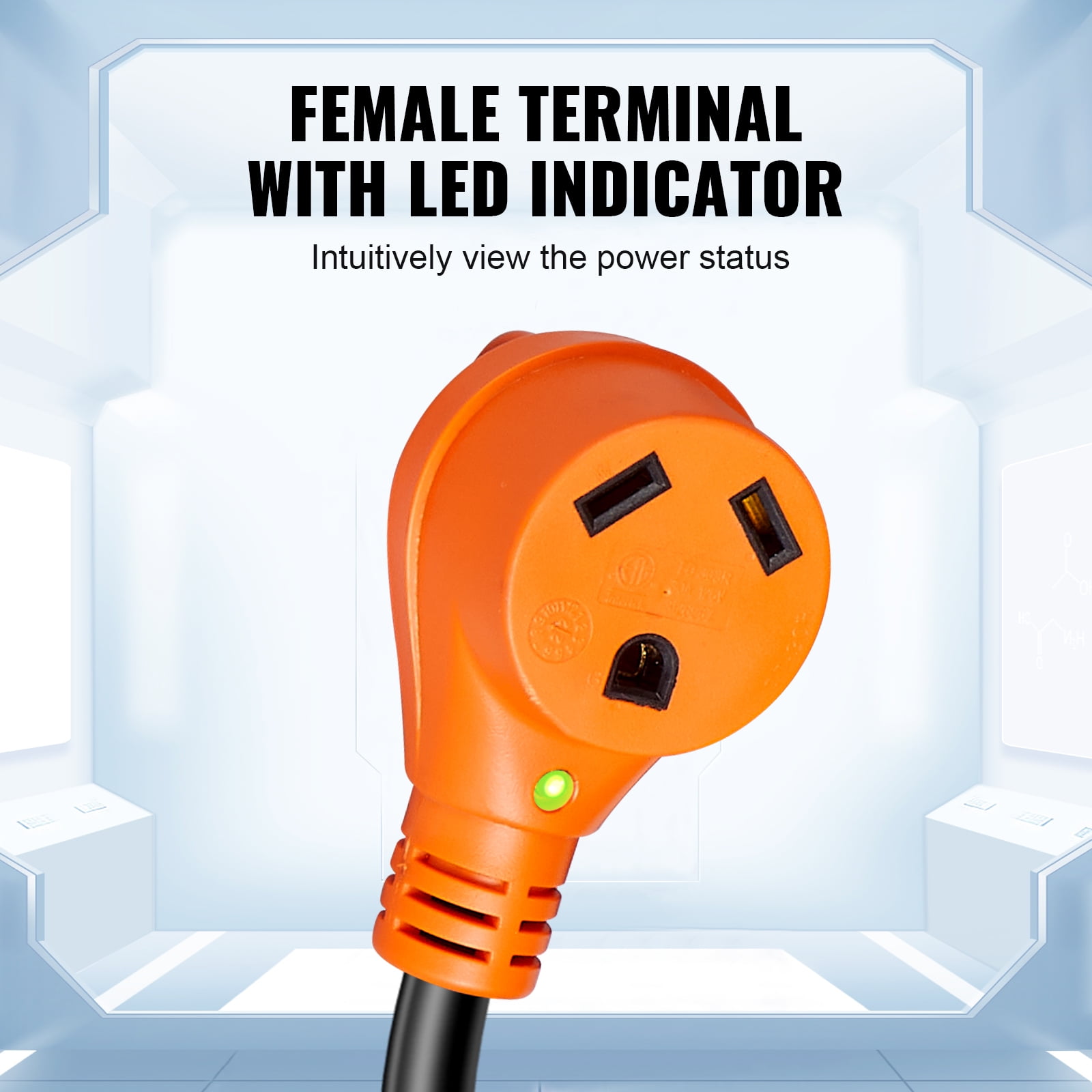 VEVOR 25 ft RV Extension Cord, 30 Amp, Heavy Duty STW RV Power Cord, NEMA TT-30R Female NEMA TT-30P Male Plug, with LED Indicator Handle 15A Adapter, for RVs, trams, generators, Campers, ETL Listed