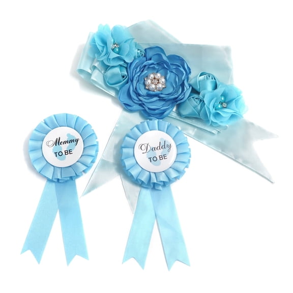 Sky Blue Baby Shower Sash and Pin, Maternity Sash and Mommy Daddy Corsage Set Boy, Pearls Flowers Pregnant Sash Belt, Mom and Dad to be Badge Tinplate for Gender Reveal Party