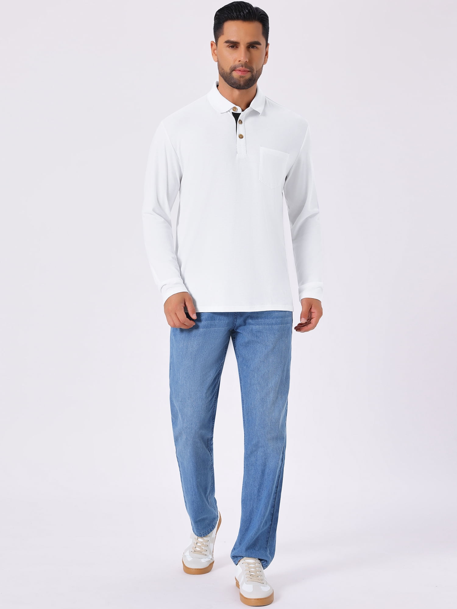 DARING DIVA Men's Contrast Button Collared Long Sleeves Golf Polo T-Shirts 2XL White