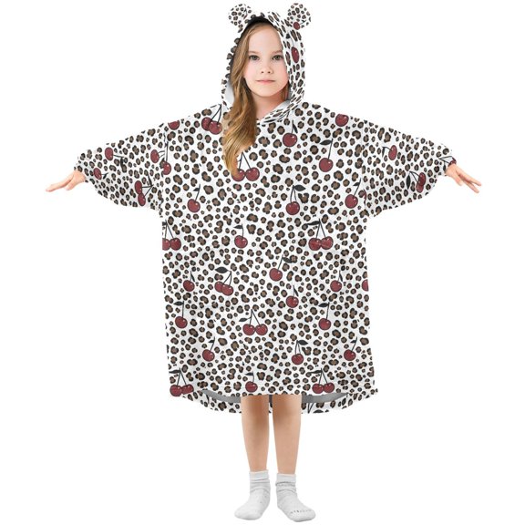 Wearable Blanket Hoodie Oversized Blanket Hoodie for Boys Girls Teens 3-14YR Cherry Leopard Print