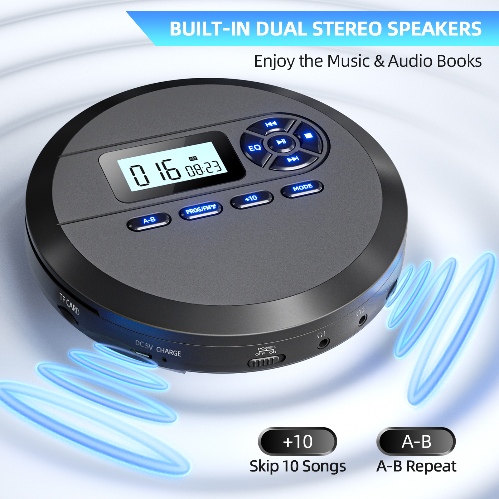 DESOBRY CD Player Portable with Speakers & FM Transmitter, Rechargeable Compact CD Player for Car, Portable CD-Player with LCD Screen, Earphones, AUX Cord